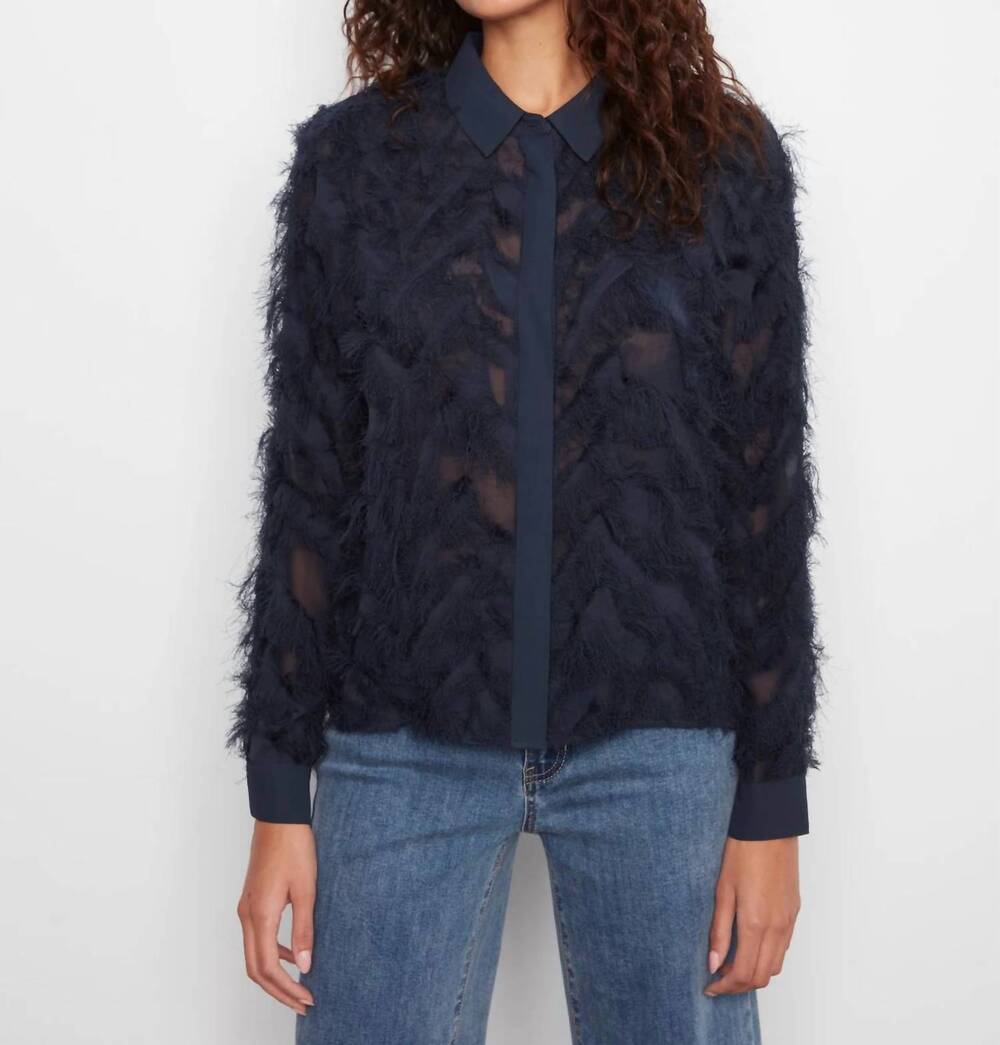 NEW CHARLIE B fringe chiffon button-front blouse in navy